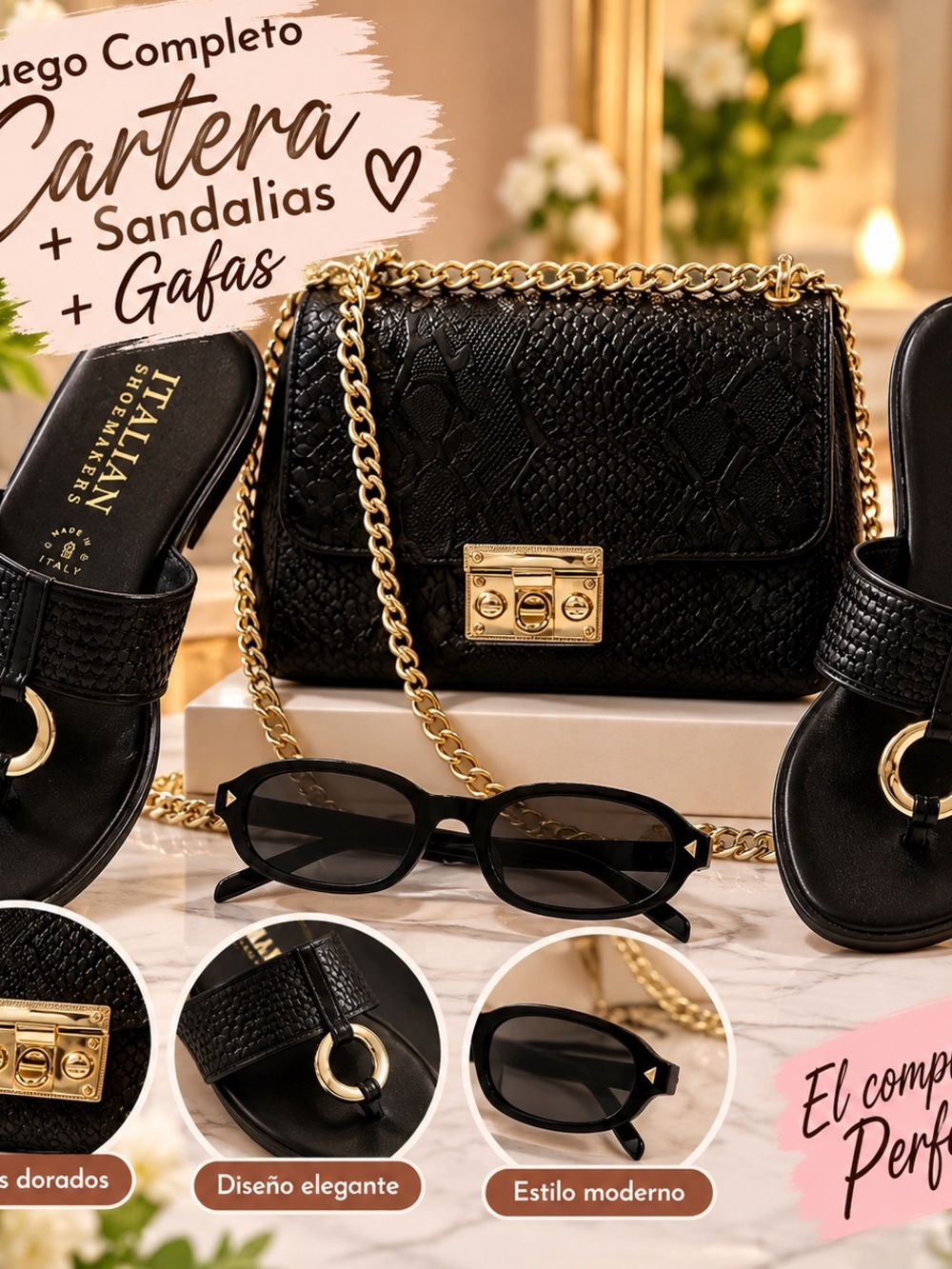 Black Snake-Embossed Crossbody Bag with Gold Chain Strap
